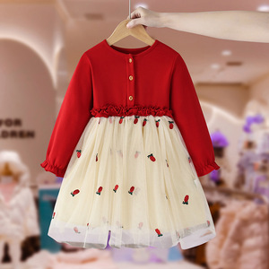 女童连衣裙春秋款2024新款儿童装宝宝红色长袖公主裙洋气草莓裙子