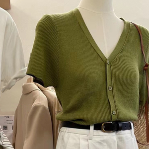牛油果绿色短袖开衫女2024夏季新款高级感薄款v领半袖针织衫上衣