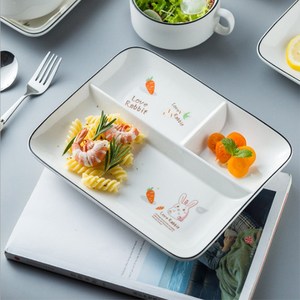长方形分隔饭盘陶瓷餐具一人食分格餐盘食堂打饭盒三格可爱卡通盘