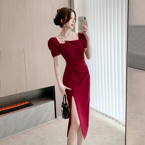2024夏季新款名媛范气质修身显瘦开叉性感小红裙高级感红色连衣裙