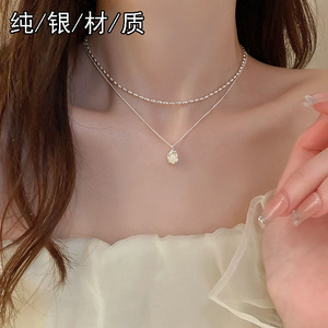 纯银小米珠项链女个性潮气质小众ins轻奢韩版双层锁骨链珍珠吊坠