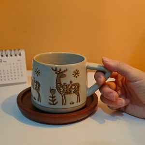 圣诞节驯鹿陶瓷马克杯复古粗陶雪花美式咖啡杯小众高颜值杯子礼物