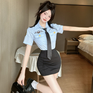 空姐jk制服套装女夏季职业装蓝色短袖衬衫紧身包臀裙工作服两件套