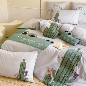 仙人掌和小鳄鱼卡通纯棉四件套全棉水洗棉超柔裸睡创意被套床单