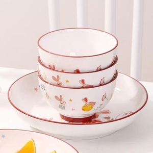 韩式碗碟套装家用可爱萌兔子餐具陶瓷吃饭碗盘子碟子面碗筷勺组合