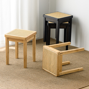竹木方藤凳子家用餐桌凳小圆凳可叠放高脚凳透气藤编板凳四方凳