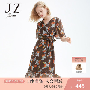 JUZUI/玖姿官方奥莱店夏季新款枫叶气质收腰拼接女雪纺连衣裙