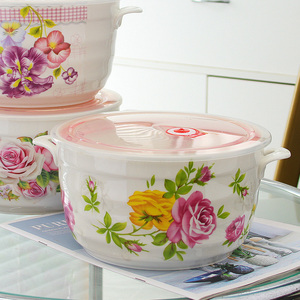 大容量双耳大汤碗带盖密封碗耐热陶瓷保鲜盒保鲜碗冰箱微波炉陶瓷