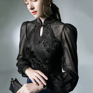 中国风蕾丝打底衫女内搭秋季新款黑色设计感灯笼袖网纱高级感上衣