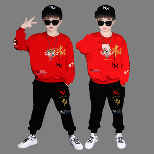 男童套装春秋新款韩版卫衣连帽帅气新年红色中大童运动休闲两件套