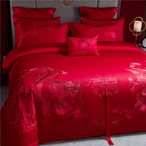 罗兰家纺龙凤新婚庆四件套大红色全棉结婚床上用品纯棉婚房多件套
