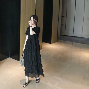 misslady韩国气质复古设计款显瘦套头短袖圆领下摆蛋糕黑色连衣裙