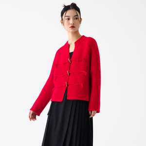 新年红素律2024新中式设计款V领羊绒开衫女 红色加厚毛衣短款外套