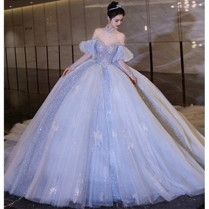 一字肩主婚纱新娘礼服2024新款v领宫廷风小个子高级重工夏季蓝色
