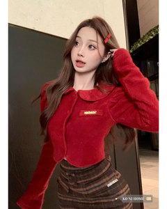 毛呢外套女法式复古红色娃娃领长袖春季时尚新款修身单排扣短上衣
