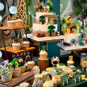 森林系动物主题甜品台蛋糕装饰卡通围边小猴子植物动物园烘焙插牌
