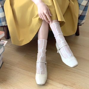 网纱堆堆袜女夏天薄款甜美透明丝花朵ins潮仙气玛丽珍蕾丝中筒袜