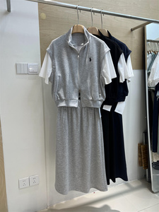韩系立领休闲卫衣两件套装纯棉半身裙子女2024夏季新款短袖上衣