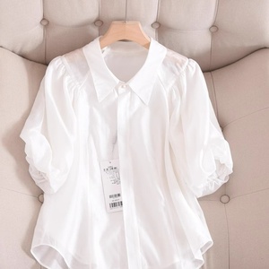 法式优雅白色短袖衬衫女夏季独特漂亮小香风高级感泡泡袖雪纺上衣