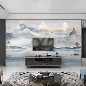 新款电视背景墙壁纸仿大理石纹大气山水壁画客厅沙发影视墙壁布画