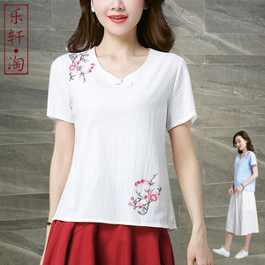 新中式棉麻女装2024夏季新款刺绣花短袖T恤中国风白色修身上衣女