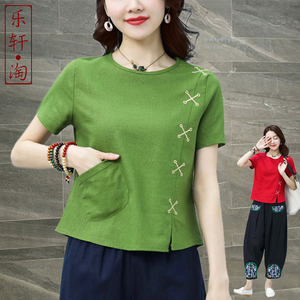 民族风棉麻上衣2024夏装中式体恤苎麻中国风女装短袖宽松女式t恤