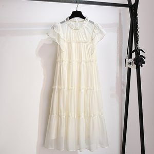 白色法式小飞袖荷叶边天丝连衣裙女2024夏季新款宽松直筒裙小个子
