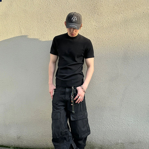 黑色收袖口短袖t恤男夏季cleanfit重磅修身上衣小领口健身五分袖