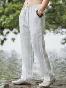 新中式亚麻白色裤子男装夏季薄款太极晨练棉麻休闲长裤中国风复古