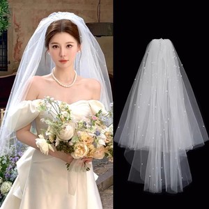 蓬蓬珍珠头纱新娘主婚纱高级感结婚求婚领证登记白纱头饰拍照道具