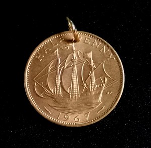 金色全新英国半便士帆船硬币吊坠挂件手工原创设计古饰品小众项链