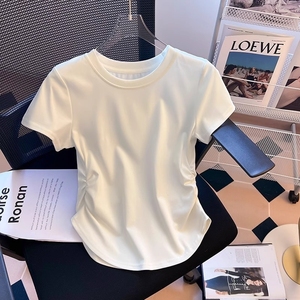 纯棉白色短袖t恤女夏季设计感褶皱收腰上衣不规则弧形下摆打底衫