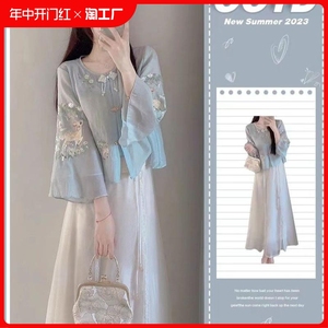中式国风古装汉服茶艺女装高级唐装夏季上衣套装衬衫连衣裙两件套