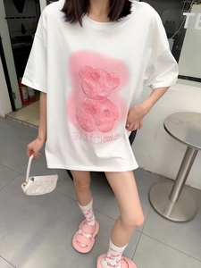 花瓣刺绣小熊t恤女甜美短袖夏季设计感小众白色宽松纯棉新款上新