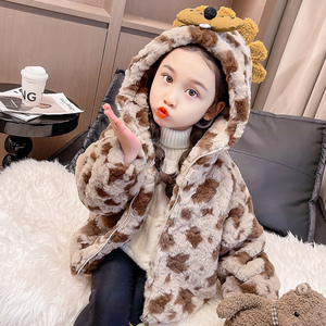 女小童秋冬款夹棉加厚外套时髦洋气儿童小女孩冬季韩版豹纹毛毛衣