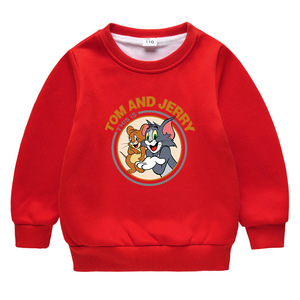 童装儿童男童卫衣加绒加厚女童冬季猫和老鼠图案衣服红色休闲上衣