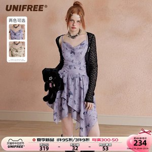 UNIFREE紫色吊带连衣裙2024蝴蝶印花新款收腰显瘦不规则辣妹裙子