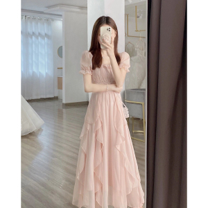 法式桔梗粉色方领连衣裙女夏季温柔风气质仙女长裙质感高级感裙子