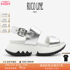 【线上专享】Ruco Line如卡莱水钻真皮凉鞋女露趾平底休闲凉拖鞋