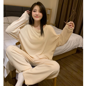 韩国纯色德绒睡衣女秋冬季可爱ins风加绒高级感两件套薄款家居服