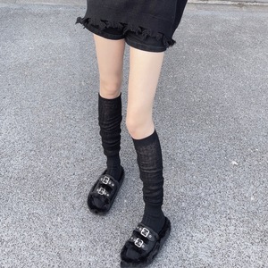 韩国2024春黑色条纹拼接堆堆小腿及膝袜子日系显瘦中长筒过膝袜女