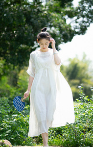 原创白色纯苎麻超大摆仙气连衣裙气质仙女夏季长裙两件套收腰薄透