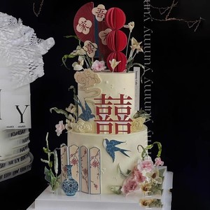 新中式婚礼订婚蛋糕结婚宴吾家有喜大红喜字喜鹊青花瓷甜品台插件