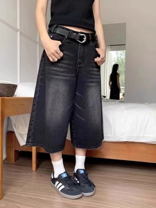 美式黑色牛仔裤七分裤男女夏季复古中裤宽松五分裤直筒裤子潮短裤