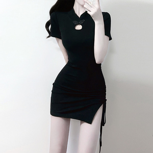 黑色开叉小众设计显身材包臀裙紧身性感新中式女装旗袍短款连衣裙