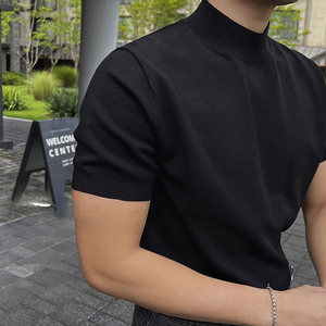 黑色半高领套头针织T恤男士美式型男短袖毛衣潮流修身打底半袖衫