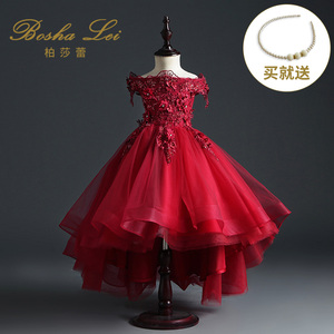 儿童礼服公主裙一字肩红色花童婚纱蓬蓬纱女童小主持人钢琴演出服