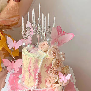 网红烛台蛋糕装饰摆件糯米纸蝴蝶梦幻女王皇冠情人节生日甜品烘焙