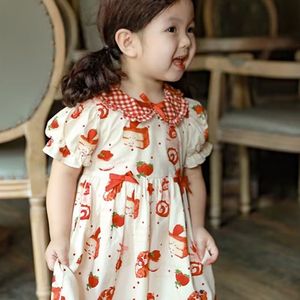 戴维贝拉女童娃娃翻领卡通泡泡袖连衣裙2024夏季新品宝宝韩版甜美