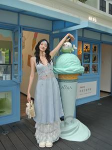 OUTFlT夏季宝石镂空针织连衣裙女2024新款气质修身吊带蓝色中长裙